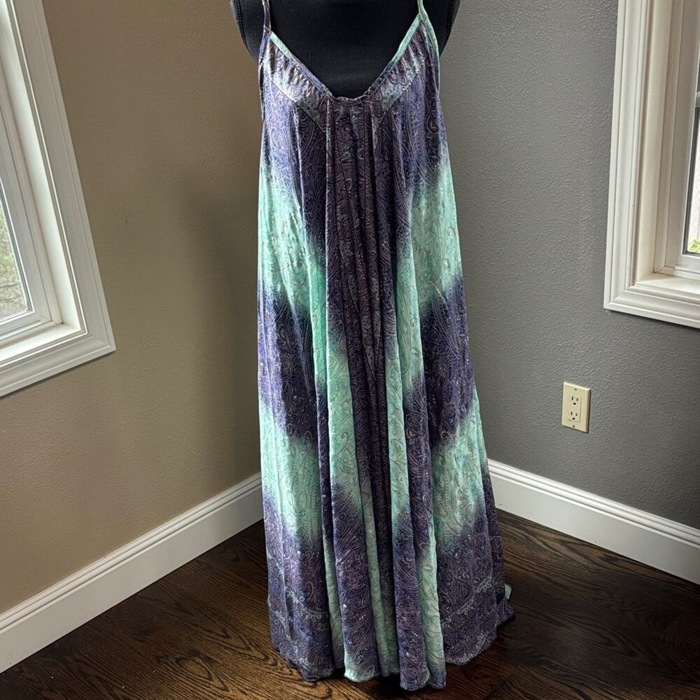 Flowy Bohemian Maxi Dress in Indigo & Mint with Gold Accents